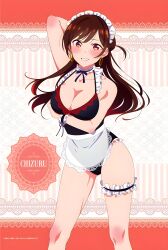 Rule 34 | 1girl, absurdres, apron, arm behind head, arm under breasts, blue one-piece swimsuit, blush, body blush, breasts, brown hair, character name, cleavage, collarbone, earrings, groin, highres, hoop earrings, jewelry, kanojo okarishimasu, large breasts, legband, legs, long hair, looking at viewer, maid, maid apron, maid headdress, mizuhara chizuru, official art, one-piece swimsuit, open mouth, red eyes, smile, swimsuit, teeth, thigh strap, thighs, unconventional maid, wristband