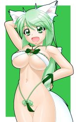 Rule 34 | 1girl, absurdres, animal ears, arm up, bow, bowtie, breasts, cleavage, delica, gloves, green background, green eyes, green hair, groin, hand on own hip, highres, large breasts, long hair, matching hair/eyes, original, revealing clothes, skindentation, smile, solo, tail, thong, underboob