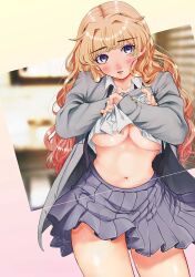 Rule 34 | 1girl, blonde hair, blush, breasts, breasts out, clothes lift, filter-goshi no kanojo, grey jacket, grey skirt, gyaru, hands up, highres, jacket, koto mitsuha, long hair, looking at viewer, multicolored hair, navel, official art, open clothes, open jacket, open mouth, pink hair, purple eyes, school uniform, shirt, shirt lift, skirt, solo, two-tone hair, very long hair, white shirt