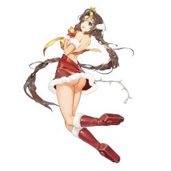 Rule 34 | 1girl, ass, boots, braid, brown hair, dress, from behind, full body, game cg, highres, knee boots, last origin, long hair, looking at viewer, looking back, official art, open mouth, p/a-8 blackhound, panties, pantyshot, purple eyes, red dress, red footwear, rorobomb, single braid, solo, tachi-e, transparent background, underwear, very long hair