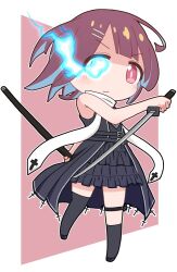 Rule 34 | 1girl, alternate costume, asymmetrical legwear, bare arms, bare shoulders, black dress, black socks, black thighhighs, bright pupils, brown eyes, brown hair, chibi, closed mouth, commentary, dress, expressionless, flaming eye, frilled dress, frills, full body, holding, holding sheath, holding sword, holding weapon, hozuki momiji, katana, kneehighs, looking at viewer, madwhippedcream, medium hair, onii-chan wa oshimai!, reverse grip, scarf, sheath, short dress, simple background, single kneehigh, single sock, single thighhigh, sleeveless, sleeveless dress, socks, solo, standing, standing on one leg, sword, thigh strap, thighhighs, weapon, white scarf