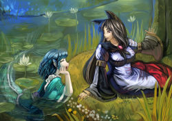 Rule 34 | 2girls, amibazh, animal ears, arm up, armlet, blue hair, blue nails, breasts, brooch, brown eyes, brown hair, closed eyes, dress, fingernails, fins, grass, head fins, head rest, highres, imaizumi kagerou, japanese clothes, jewelry, kimono, large breasts, layered dress, lily pad, lips, long fingernails, long hair, long sleeves, looking at another, mermaid, monster girl, multiple girls, nail polish, obi, open mouth, parted lips, partially submerged, profile, sash, sharp fingernails, shawl, short hair, sitting, touhou, tree, very long hair, wakasagihime, wolf ears, yokozuwari
