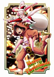 Rule 34 | 1boy, 1girl, animal costume, bag, bell, black hair, bridal gauntlets, carrying, christmas, english text, hair over one eye, hair rings, headgear, holding, holding bag, jingle bell, long hair, low twintails, merry christmas, monkey d. luffy, multicolored hair, one piece, open mouth, piggyback, pointing, red bridal gauntlets, reindeer costume, running, sandals, scar, scar on face, short hair, smile, tomo5656ky, twintails, two-tone hair, uta (one piece)