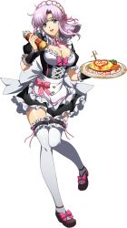 Rule 34 | 1girl, :d, apron, black shirt, black skirt, blue eyes, bow, bowtie, breasts, brown footwear, choker, cleavage, floating hair, food, footwear bow, frilled skirt, frilled sleeves, frills, full body, hair intakes, hair ribbon, head tilt, highres, holding, holding plate, langrisser, large breasts, long hair, maid headdress, miniskirt, narm (langrisser), neck ribbon, official art, omelet, omurice, open mouth, pink bow, pink bowtie, pink hair, pink ribbon, plate, ribbon, shiny skin, shirt, short sleeves, skirt, smile, solo, standing, standing on one leg, striped bow, striped bowtie, striped clothes, thighhighs, transparent background, waist apron, white apron, white choker, white thighhighs