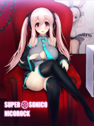 Rule 34 | 1girl, akatsuki ikki, bad id, bad pixiv id, black thighhighs, blush, breasts, cleavage, cosplay, crossed legs, hatsune miku, hatsune miku (cosplay), headphones, large breasts, long hair, looking at viewer, nitroplus, open clothes, open mouth, pink eyes, pink hair, sitting, smile, solo, super sonico, thighhighs, vocaloid, zettai ryouiki