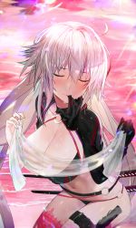 Rule 34 | 1girl, belt, bikini, black bikini, black choker, black gloves, black jacket, blush, breasts, choker, cleavage, commentary request, cropped jacket, closed eyes, fate/grand order, fate (series), gloves, unworn gloves, highres, jacket, jeanne d&#039;arc alter (swimsuit berserker) (fate), jeanne d&#039;arc (fate), jeanne d&#039;arc alter (fate), jeanne d&#039;arc alter (swimsuit berserker) (fate), katana, large breasts, long hair, mouth hold, navel, o-ring, o-ring belt, o-ring bikini, o-ring bottom, o-ring top, red thighhighs, seicoh, shrug (clothing), silver hair, single thighhigh, solo, swimsuit, sword, thigh strap, thighhighs, very long hair, weapon