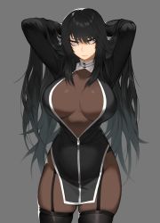 Rule 34 | 1girl, absurdres, adjusting hair, black dress, black thighhighs, bodysuit, bodysuit under clothes, breasts, brown bodysuit, center opening, character request, commission, copyright request, dress, full-length zipper, garter straps, grey background, hair between eyes, highres, large breasts, long hair, pelvic curtain, pinkboy, ringed eyes, skindentation, solo, thighhighs, unzipped, very long hair, white eyes, zipper, zipper pull tab