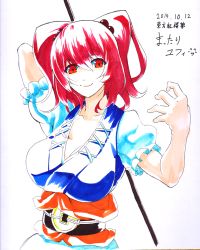 Rule 34 | 1girl, arm up, breasts, hair bobbles, hair ornament, highres, large breasts, looking at viewer, mattari yufi, onozuka komachi, red eyes, red hair, shikishi, short hair, smile, solo, touhou, traditional media, two side up