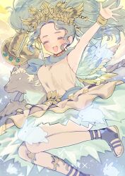Rule 34 | 1girl, ^ ^, arms up, bare shoulders, blue hair, blue wings, blush, closed eyes, collar, commentary, curly hair, dress, facing viewer, feathered wings, final fantasy, final fantasy xiv, foot out of frame, from side, grey dress, happy, highres, jumping, laurel crown, mekonu (mknn), menphina, metal collar, midair, open mouth, outstretched arm, rabbit, sandals, short hair, signature, sleeveless, sleeveless dress, smile, solo, sparkle, tiara, toeless footwear, transparent, twintails, twitter username, wings, wolf, wristband
