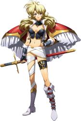 Rule 34 | 1girl, armor, asymmetrical legwear, black choker, black gloves, blonde hair, boots, breasts, brenda (langrisser), brown eyes, choker, cleavage, crop top, fingerless gloves, floating hair, full body, gloves, groin, hand on own hip, highres, holding, holding sheath, knee boots, langrisser, langrisser v, long hair, looking at viewer, medium breasts, midriff, miniskirt, mole, mole under eye, navel, official art, pauldrons, purple lips, sheath, sheathed, shoulder armor, skirt, solo, standing, stomach, sword, transparent background, weapon, white footwear, white skirt