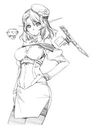 Rule 34 | 1girl, aircraft catapult, breasts, clothing cutout, concept art, detached sleeves, greyscale, hair ornament, hat, houston (kancolle), kantai collection, living clothes, monochrome, official art, pencil skirt, puffy sleeves, range finder, short hair, shoulder cutout, skirt, sleeve cuffs, swept bangs, thighhighs, zeco