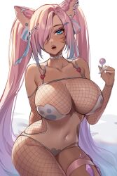 Rule 34 | 1girl, animal ears, bare shoulders, blue eyes, blue hair, breasts, candy, character request, commentary, copyright request, dark skin, fangs, fishnets, food, hair over one eye, hand up, helloimtea, highres, holding, holding candy, holding food, holding lollipop, large breasts, lollipop, long hair, long sleeves, looking at viewer, multicolored hair, navel, open mouth, pink hair, simple background, sitting, solo, stomach, streaked hair, thigh strap, thighs, twintails, very long hair, white background