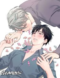 Rule 34 | 2boys, artist name, biting, black hair, blue eyes, blush, brown eyes, candy, collarbone, commentary, dress shirt, expressionless, fingernails, food, food in mouth, from above, gearous, grey hair, grey shirt, holding hands, husband and husband, interlocked fingers, jewelry, katsuki yuuri, long sleeves, looking at another, looking away, looking up, lying, male focus, multiple boys, on back, on floor, on stomach, open clothes, open shirt, parted lips, pectorals, purple shirt, ring, shirt, symbol-only commentary, too many, too many candies, upper body, viktor nikiforov, wedding ring, yaoi, yuri!!! on ice