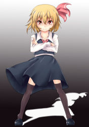 Rule 34 | 1girl, absurdres, black thighhighs, blonde hair, crossed arms, embodiment of scarlet devil, female focus, full body, gradient background, highres, nekotama shun, rumia, shadow, shoes, skirt, solo, spread legs, standing, thighhighs, touhou