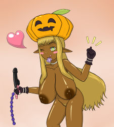 Rule 34 | 1girl, ;q, blonde hair, breasts, condom, dark-skinned female, dark elf, dark skin, dildo, elf, female focus, heart, highres, huge breasts, long hair, nahato, nipples, nude, one eye closed, pelu, pointy ears, sex toy, smile, solo, tongue, tongue out, trouble witches, very long hair, yellow eyes