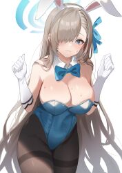 Rule 34 | 1girl, absurdres, animal ears, asuna (blue archive), asuna (bunny) (blue archive), bare shoulders, blue archive, blue bow, blue bowtie, blue eyes, blue leotard, blush, bow, bowtie, breasts, brown hair, brown pantyhose, cleavage, closed mouth, collar, commentary, detached collar, elbow gloves, fake animal ears, gloves, hair bow, hair over one eye, hairband, halo, hands up, highres, large breasts, leotard, long hair, looking at viewer, meow nyang, mole, mole on breast, pantyhose, playboy bunny, rabbit ears, revision, simple background, solo, strapless, strapless leotard, sweat, thighband pantyhose, very long hair, white background, white collar, white gloves, white hairband, wing collar