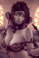 Rule 34 | 1girl, au ra, warrior of light (ff14), black bra, black hair, bra, breasts, cleavage, closed mouth, commission, dragon horns, dragon tail, final fantasy, final fantasy xiv, gradient hair, horns, lips, looking at viewer, medium breasts, multicolored hair, scales, see-through, short hair, solo, soranamae, tail, two-tone hair, underwear, underwear only, undressing, upper body, yellow eyes