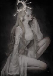 Rule 34 | 12yun30, 1girl, black background, blonde hair, closed eyes, detached sleeves, dress, expressionless, halo, hands on own cheeks, hands on own face, highres, legs, long hair, original, red lips, simple background, sleeves past wrists, solo, squatting, turtleneck, turtleneck dress, white dress, white sleeves, wide sleeves