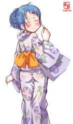 Rule 34 | 1girl, alternate costume, artist logo, blue hair, braid, commentary request, cowboy shot, dated, floral print, from behind, gradient hair, hair ornament, hairclip, highres, japanese clothes, kanon (kurogane knights), kantai collection, kimono, long hair, looking back, multicolored hair, purple kimono, samidare (kancolle), see-through, simple background, smile, solo, swept bangs, very long hair, white background, yukata