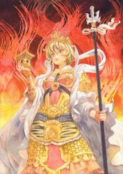 Rule 34 | 1girl, animal print, arm guards, armor, bishamonten&#039;s pagoda, bishamonten&#039;s spear, black hair, blonde hair, crown, fire, from below, gold, graphite (medium), hagoromo, holding, holding polearm, holding weapon, lips, misawa hiroshi, multicolored hair, painting (medium), polearm, shawl, short hair, shoulder armor, smile, solo, spear, streaked hair, tiger print, toramaru shou, touhou, traditional media, undefined fantastic object, watercolor (medium), weapon, yellow eyes