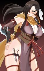 Rule 34 | 1girl, arm blade, blush, breasts, brown eyes, brown hair, ceroccb, cleavage, detached sleeves, fire emblem, fire emblem fates, gloves, gradient background, hair over one eye, hand on own hip, highres, kagero (fire emblem), kunai, large breasts, long hair, looking at viewer, ninja, nintendo, no panties, open mouth, parted lips, pelvic curtain, ponytail, revealing clothes, ribbon, scarf, simple background, skindentation, solo, thigh strap, weapon, white ribbon, wide hips, yellow scarf