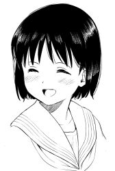 Rule 34 | 1girl, ^ ^, black hair, blush, closed eyes, commentary, looking to the side, monochrome, open mouth, original, sailor collar, shinkun (natsume so), short hair, simple background, smile, solo, upper body, white background