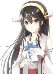 Rule 34 | 10s, 1girl, backlighting, bad id, bad pixiv id, bare shoulders, black hair, box, brown eyes, detached sleeves, gen (gen 7254), gift, gift box, hairband, haruna (kancolle), headgear, highres, kantai collection, light smile, long hair, looking at viewer, nontraditional miko, ribbon-trimmed sleeves, ribbon trim, simple background, smile, solo, tears, upper body, white background, white day