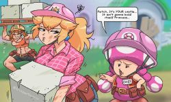 Rule 34 | 3girls, abs, angry, archdan, belt, blonde hair, blue eyes, blush, breasts, brown hair, castle, earrings, grin, hard hat, hat, helmet, holding, jewelry, mario (series), multiple girls, nintendo, pants, ponytail, princess daisy, princess peach, shorts, smile, struggling, super mario bros. 1, super mario maker 2, sweat, toad (mario), toadette, tomboy