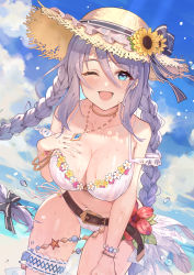 Rule 34 | 1girl, ;d, absurdres, bikini, black ribbon, blue eyes, blue sky, braid, breasts, collarbone, day, fang qiao, flower bracelet, hair between eyes, hair ribbon, hat, highres, jewelry, large breasts, long hair, looking at viewer, navel, necklace, ocean, one eye closed, open mouth, outdoors, princess connect!, purple hair, ribbon, shizuru (princess connect!), shizuru (summer) (princess connect!), sky, smile, solo, straw hat, swimsuit, twin braids, wet, white bikini, yellow hat