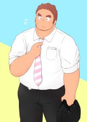 Rule 34 | 1boy, 3c pan, alternate costume, bara, belly, black pants, blush, briefcase, brown hair, collared shirt, facial hair, facial scar, feet out of frame, flying sweatdrops, tamamura gunzo, highres, id card, long sideburns, male focus, necktie, pants, pink necktie, salaryman, scar, scar on cheek, scar on face, shirt, shirt tucked in, short hair, sideburns, sleeves rolled up, solo, spiked hair, standing, striped necktie, stubble, thick eyebrows, tokyo houkago summoners, white shirt