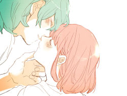Rule 34 | 10s, 1boy, 1girl, blush, close-up, closed eyes, from side, green hair, hand on another&#039;s chin, hetero, kiss, meeko, mikaze ai, nanami haruka, open mouth, red hair, short hair, simple background, uta no prince-sama