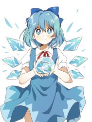 Rule 34 | 1girl, blue bow, blue dress, blue eyes, blue hair, blush, bow, cirno, closed mouth, collared shirt, cowboy shot, dress, frog, frozen frog, hair between eyes, hair bow, highres, holding, ice, ice wings, looking at viewer, pinafore dress, puffy short sleeves, puffy sleeves, sasaki sakiko, shirt, short hair, short sleeves, simple background, sleeveless dress, smile, solo, standing, touhou, v-shaped eyebrows, white background, white shirt, wings