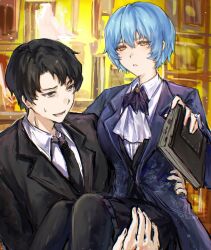 Rule 34 | 1boy, 1girl, aimono muki, angela (project moon), black eyes, black hair, black jacket, black necktie, black pantyhose, blue coat, blue hair, book, carrying, coat, collared shirt, highres, holding, holding book, jacket, library, library of ruina, long sleeves, necktie, pantyhose, parted lips, princess carry, project moon, roland (project moon), shirt, short hair, white shirt, wing collar, yellow eyes