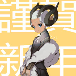 Rule 34 | 1girl, blue eyes, flat chest, horns, looking at viewer, new year, original, pointy ears, pump (pumpqmuq), sheep, sheep horns, short hair, solo, yellow background