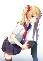 Rule 34 | 1girl, adjusting clothes, adjusting legwear, alexmaster, black thighhighs, blonde hair, blue eyes, blush, commentary request, from side, frown, hair between eyes, hair ribbon, highres, long hair, looking at viewer, neckerchief, original, pleated skirt, red neckerchief, ribbon, school uniform, serafuku, short sleeves, simple background, skindentation, skirt, solo, thighhighs, twintails, very long hair, white background, zettai ryouiki