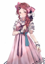 Rule 34 | 1girl, absurdres, blush, bow, braid, brown eyes, brown hair, closed mouth, commentary request, dress, frilled sleeves, frills, frown, hair bow, hair ornament, hair over shoulder, hairclip, highres, kobuta, layered sleeves, long hair, looking at viewer, original, parted bangs, pink bow, pink dress, purple ribbon, ribbon, short sleeves, simple background, single braid, skirt hold, solo, striped ribbon, white background, white bow