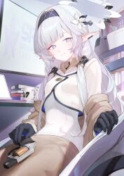 Rule 34 | 1girl, black gloves, black hairband, blue archive, closed mouth, cup, dress, flower, gloves, grey hair, gun, hair flower, hair ornament, hair tubes, hairband, halo, handgun, highres, himari (blue archive), light smile, long hair, long sleeves, looking at viewer, mia cbx, mole, mole under eye, pointy ears, purple eyes, sitting, solo, weapon, white dress, white flower