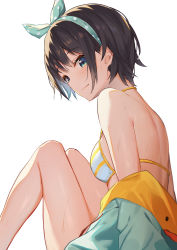 Rule 34 | 1girl, absurdres, aqua eyes, aqua hairband, aqua jacket, aqua ribbon, bare legs, bare shoulders, bikini, black hair, blush, breasts, closed mouth, feet out of frame, from side, hair ribbon, hairband, halterneck, highres, hololive, isaya (pixiv4541633), jacket, knees up, looking at viewer, looking to the side, off shoulder, oozora subaru, oozora subaru (hololive summer 2019), open clothes, open jacket, polka dot, polka dot hairband, polka dot ribbon, ribbon, short hair, simple background, sitting, small breasts, smile, solo, striped bikini, striped clothes, sweat, swimsuit, virtual youtuber, white background, white bikini