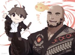 Rule 34 | 1boy, ^ ^, ai manato, bald, bara, beard, black kimono, character doll, chest hair, closed eyes, dark-skinned male, dark skin, doll, facial hair, fire, flame print, holding, holding doll, japanese clothes, kimono, male focus, mature male, merchandise, motion lines, muscular, muscular male, pectoral cleavage, pectorals, personification, prometheus (housamo), protagonist 4 (housamo), pyrokinesis, short hair, solo, thick eyebrows, tokyo houkago summoners, upper body, waving