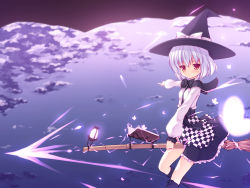 Rule 34 | 1girl, blush, book, boots, broom, broom riding, brown eyes, cloud, comet, dress, flying, hat, highres, knee boots, lantern, original, pointing, short hair, sky, solo, white hair, witch, witch hat, yuku (kiollion)