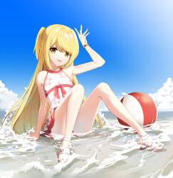 Rule 34 | 1girl, arm up, armpits, ball, bare arms, bare legs, bare shoulders, beach, beachball, blonde hair, closed mouth, closers, collarbone, convenient leg, day, dress, feet, highres, knees up, legs, long hair, looking at viewer, lucy (closers), official art, one side up, outdoors, sandals, short dress, sitting, sleeveless, sleeveless dress, smile, solo, sunlight, toes, tongue, tongue out, very long hair, water, white dress, wristband, yellow eyes