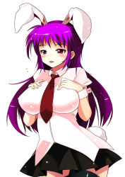Rule 34 | 1girl, animal ears, bad id, bad pixiv id, breasts, female focus, huge breasts, ippongui, long hair, necktie, purple hair, rabbit ears, rabbit girl, rabbit tail, red eyes, red necktie, reisen udongein inaba, simple background, skirt, solo, tail, thighhighs, touhou, wrist cuffs