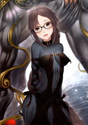 Rule 34 | 1boy, 1girl, :d, absurdly long hair, black-framed eyewear, black dress, black eyes, black hair, blush, bodysuit, bodysuit under clothes, braid, breasts, breasts apart, cowboy shot, dress, fangs, fate/grand order, fate (series), glasses, head tilt, kyoeiki, light blush, long braid, long hair, looking at viewer, medium breasts, open mouth, single braid, smile, solo focus, striped bodysuit, very long hair, xiang yu (fate), yu mei-ren (fate)