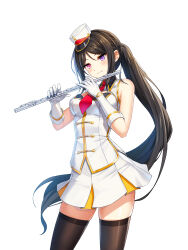 Rule 34 | 1girl, bai winchester, band uniform, bare shoulders, black hair, black thighhighs, blush, breasts, buttons, cleavage cutout, closed mouth, closers, clothing cutout, collared jacket, cowboy shot, double-breasted, flute, fold-over gloves, gloves, hands up, hat, head tilt, heterochromia, highres, holding, holding flute, holding instrument, instrument, jacket, legs apart, long hair, looking down, marching band, medium breasts, mini shako cap, miniskirt, necktie, official art, parted bangs, pink eyes, pleated skirt, ponytail, purple eyes, red necktie, shako cap, sidelocks, skirt, sleeveless, sleeveless jacket, smile, solo, standing, thighhighs, transverse flute, uniform, very long hair, white background, white gloves, white hat, white jacket, white skirt, wing collar, zettai ryouiki