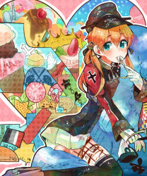 Rule 34 | 10s, 1girl, anchor hair ornament, ass, black ribbon, black thighhighs, blonde hair, blue eyes, blush, camouflage, candy, chain, cherry, colorful, cross, crown, doughnut, fish, food, food on body, food on legs, fruit, german text, gloves, hair ornament, hair ribbon, hat, heart, highres, holding, holding spoon, ice cream, ice cream cone, icing, iron cross, itomugi-kun, jelly bean, kantai collection, long hair, long sleeves, microskirt, military, military uniform, orange (fruit), over-kneehighs, panties, peaked cap, pleated skirt, prinz eugen (kancolle), pudding, remodel (kantai collection), ribbon, skirt, solo, spoon, star (symbol), sword, thighhighs, twintails, underwear, uniform, water, weapon, white gloves, white panties, white skirt