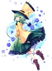 Rule 34 | 1girl, :d, arm up, blue rose, blush, boots, floral print, flower, frilled skirt, frilled sleeves, frills, full body, green eyes, green hair, green skirt, hat, hat ribbon, heart, heart of string, highres, komeiji koishi, long hair, long skirt, long sleeves, looking at viewer, looking back, open mouth, ribbon, rose, shirt, skirt, smile, solo, third eye, touhou, wide sleeves, yellow shirt, yuya (night lily)