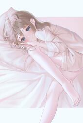 Rule 34 | 1girl, amaroku neko, barefoot, bed sheet, blue eyes, blue nails, blush, brown hair, commentary request, eyelashes, feet, foot out of frame, hair between eyes, hand up, highres, horns, indie virtual youtuber, kano (utaite), knee up, legs, long hair, long legs, long sleeves, looking at viewer, lying, nail polish, on side, oversized clothes, oversized shirt, pillow, shadow, shiny clothes, shirt, sidelocks, sleepwear, solo, thighs, toenail polish, toenails, toes, virtual youtuber