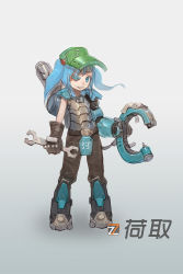 Rule 34 | armor, blizzard (company), blue eyes, blue hair, crossover, eyepatch, gloves, hair bobbles, hair ornament, hat, highres, kawashiro nitori, long hair, mechanical arms, multiple girls, overwatch, overwatch 1, short hair, single mechanical arm, solo, torbjorn (overwatch), touhou, twintails, two side up, zhengyifan7