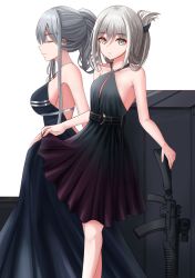 Rule 34 | 2girls, absurdres, ak-12 (girls&#039; frontline), ak-12 (quiet azure) (girls&#039; frontline), an-94, an-94 (girls&#039; frontline), an-94 (silent rouge) (girls&#039; frontline), assault rifle, bad id, bad pixiv id, bare shoulders, black dress, blush, breasts, buckle, closed eyes, closed mouth, clothes lift, dress, dress lift, from side, girls&#039; frontline, green eyes, grey hair, gun, hair between eyes, hair ornament, highres, holding, large breasts, long hair, looking at viewer, medium breasts, multiple girls, official alternate costume, ponytail, rifle, ryn (rinorea), sideboob, simple background, smile, standing, suitcase, weapon, white background