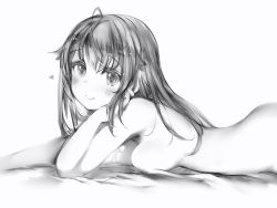 Rule 34 | 1girl, bad id, bad twitter id, blush, breasts, closed mouth, copyright request, from side, greyscale, hair flaps, head rest, heart, highres, long hair, looking at viewer, looking to the side, lying, medium breasts, monochrome, nanashi (nlo), nude, on stomach, simple background, smile, solo, virtual youtuber, white background